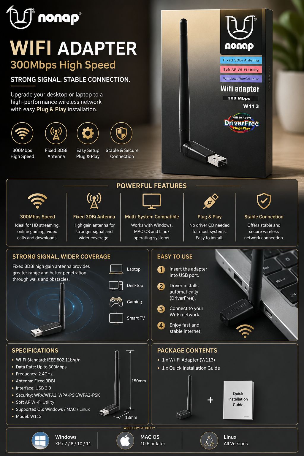 W113 Wi-Fi Receiver 150Mbps Wireless USB Adapter