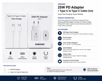 Samsung 25W PD Fast Charger + USB-C to USB-C Cable (1m)