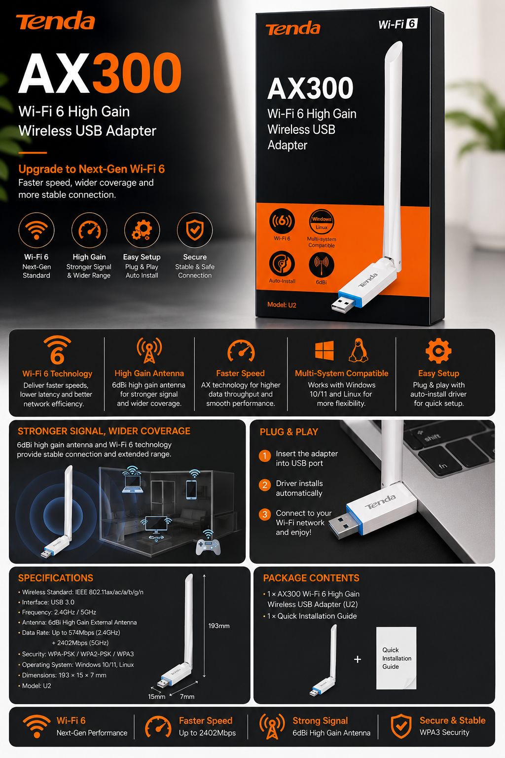 Tenda U2 USB WiFi Adapter for Desktop PC