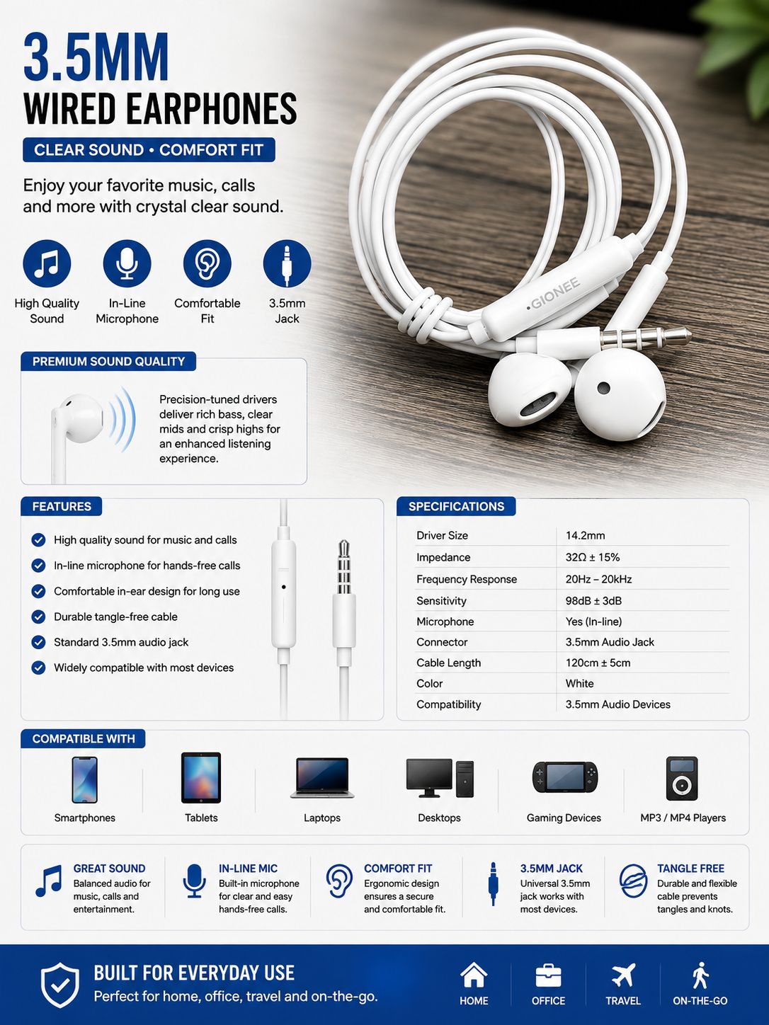 Gionee Handsfree 3.5mm – Clear Sound &amp; Built-in Mic