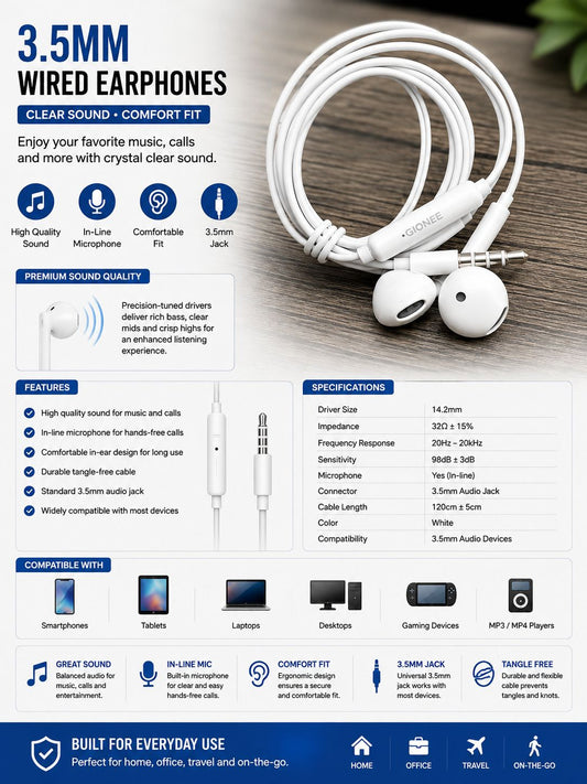 Gionee Handsfree 3.5mm – Clear Sound &amp; Built-in Mic
