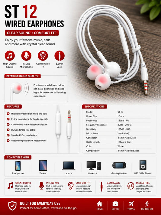 ST12 Branded Handsfree – Super Bass Earphones