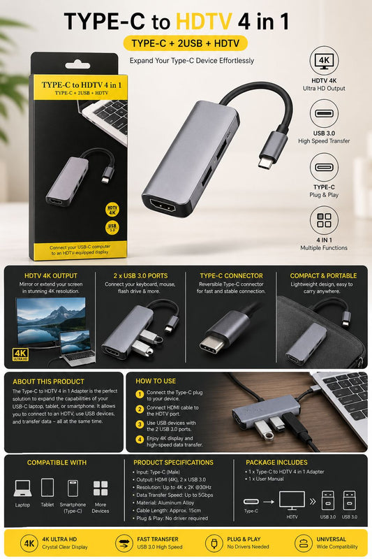 USB Type-C to HDTV 4-in-1 Hub | 2 USB Ports
