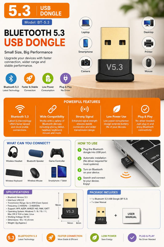 Mini Bluetooth USB Dongle 5.3 Plug & Play